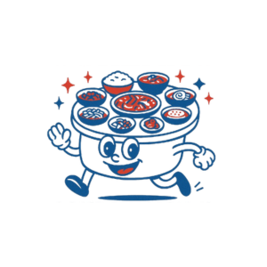 Illustrazione di un tavolo imbandito con banchan e riso che sorride